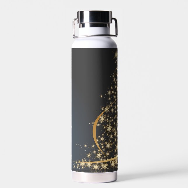Blaues Weihnachtsmotiv mit goldenem Weihnachtsbaum Water Bottle (Back)