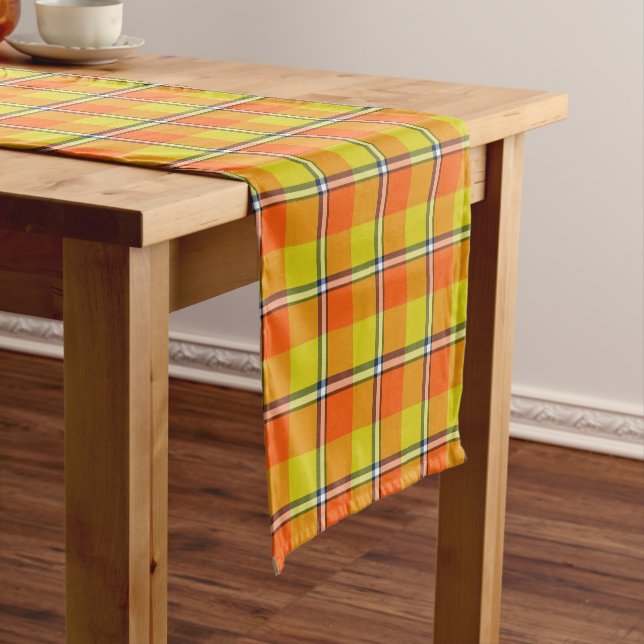 Blaze Orange and Bird Flower Plaid Short Table Runner (In Situ)