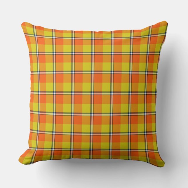 Blaze Orange and Bird Flower Plaid Throw Pillow (Front)