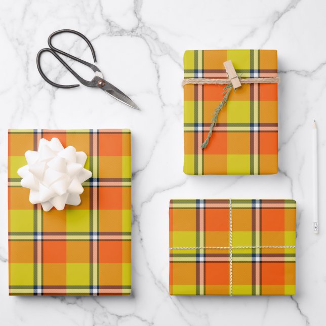 Blaze Orange and Bird Flower Plaid Wrapping Paper Sheets (Front)