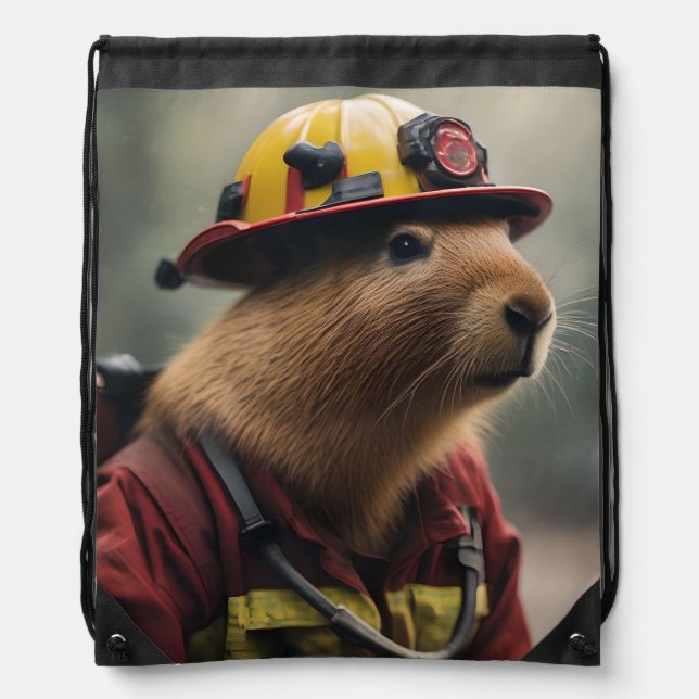 "Blazing Bravery: The Firefighting Capybara" Drawstring Bag (Front)