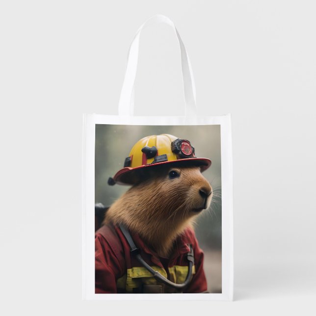 "Blazing Bravery: The Firefighting Capybara" Grocery Bag (Front)