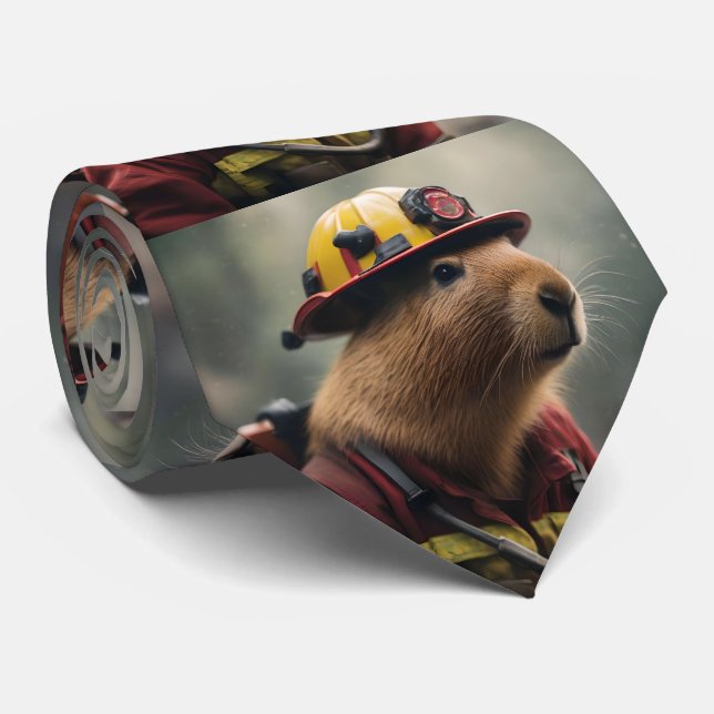 "Blazing Bravery: The Firefighting Capybara" Neck Tie (Rolled)