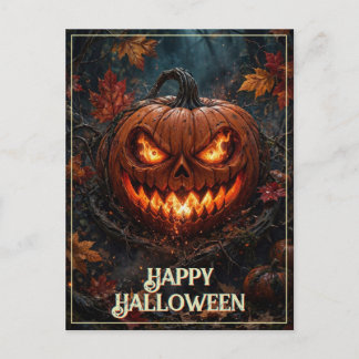 Blazing-Eyed Pumpkin Happy Halloween Autumn Holiday Postcard