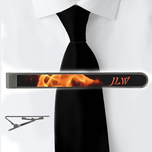 Blazing Flames Monogrammed Black Gunmetal Finish Tie Bar