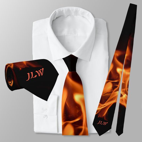 Blazing Flames with Initials Black Neck Tie