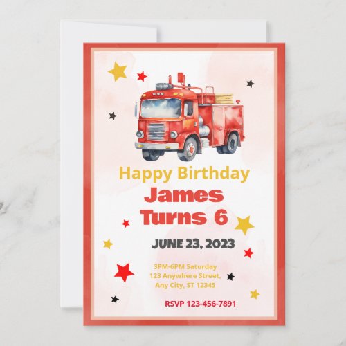 Blazing Fun Fire Truck Birthday Party Invitation