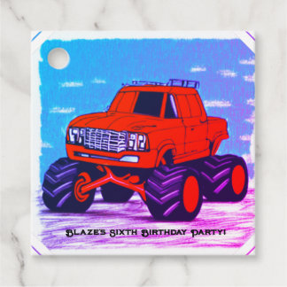 Blazing Fury: The Red Monster Truck Favor Tags