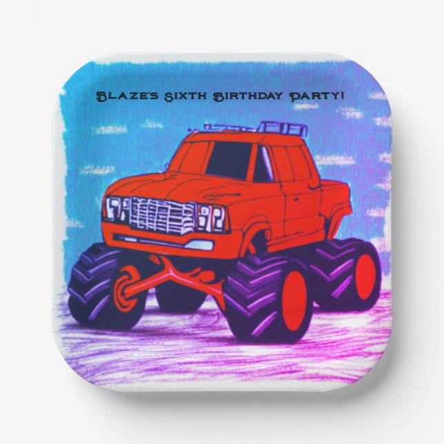 Blazing Fury: The Red Monster Truck Paper Plates (Front)