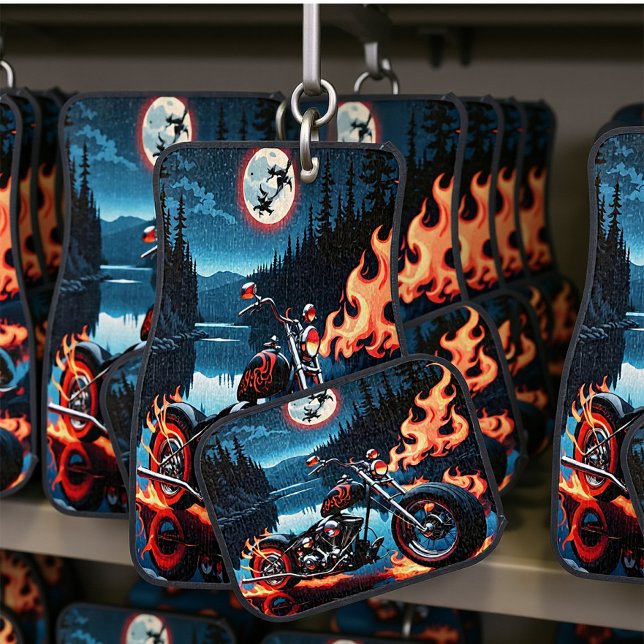 Blazing Motorcycle Under Full Moon Car Floor Mat (Creator Uploaded)