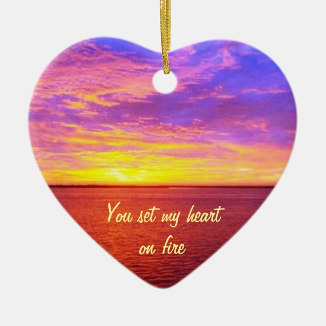 Blazing Sunset Personalized Heart on Fire Token Ceramic Ornament (Front)