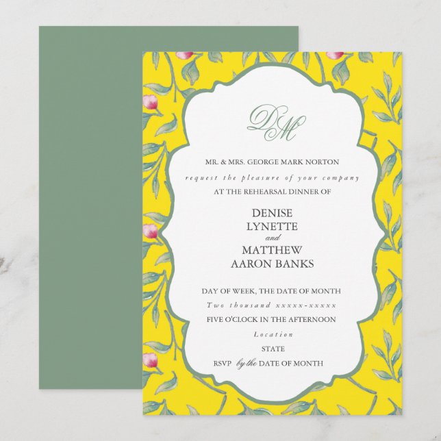Blazing Yellow and Basil Green Rehearsal Dinner Invitation (Front/Back)