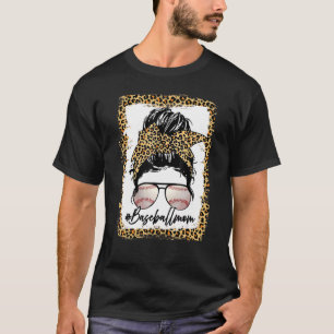 Bleached Baseball Mom Leopard Messy Bun Game Day V T-Shirt