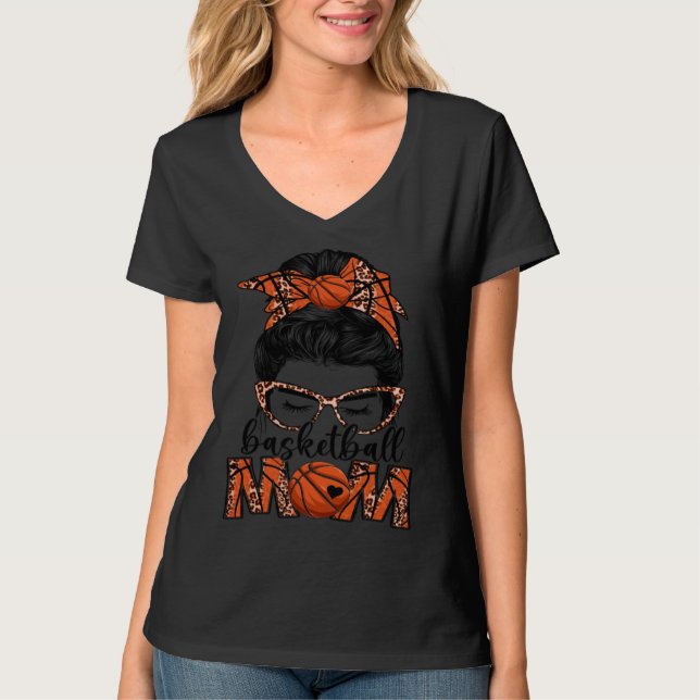 Bleached Basketball Mom Game Day Messy Bun Leopard T-Shirt (Front)