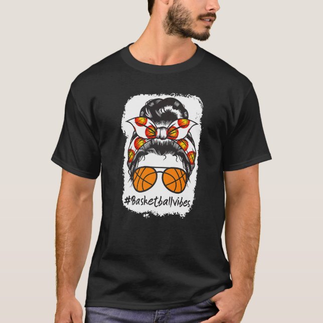 Bleached Basketball Vibes Mom Messy Bun Ball T-Shirt (Front)