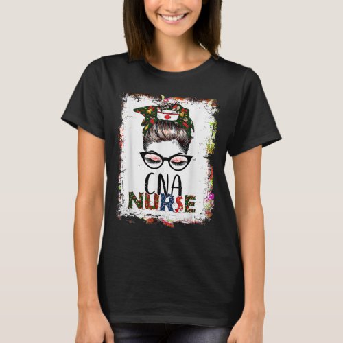 Bleached Christmas CNA Nurse Messy Bun Santa Nurse T_Shirt