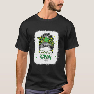 Bleached Cna Life Messy Bun Leopard St Patricks Da T-Shirt