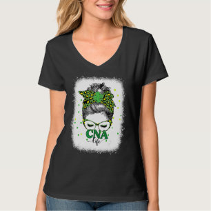 Bleached Cna Life Messy Bun Leopard St Patricks Da T-Shirt
