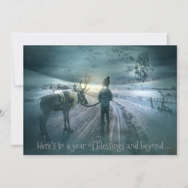 Bleached-Coral Snowy Mountains Reindeer Christmas Holiday Card (Front)
