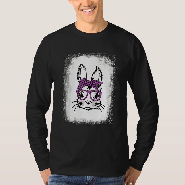 Bleached Cute Bunny Face Pink Buffalo Plaid Glasse T-Shirt (Front)