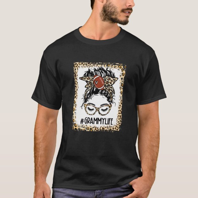 Bleached Football Grammy Messy Bun Game Day Mother T-Shirt (Front)
