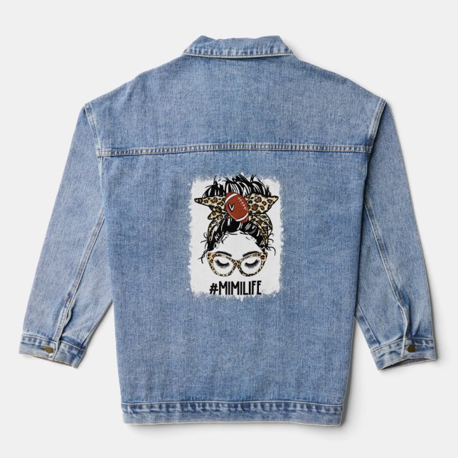 Bleached Football Mimi Messy Bun Game Day Mothers  Denim Jacket (Back)