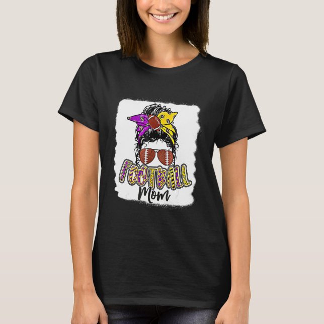 Bleached Football Mom Life Leopard Messy Bun Playe T-Shirt (Front)