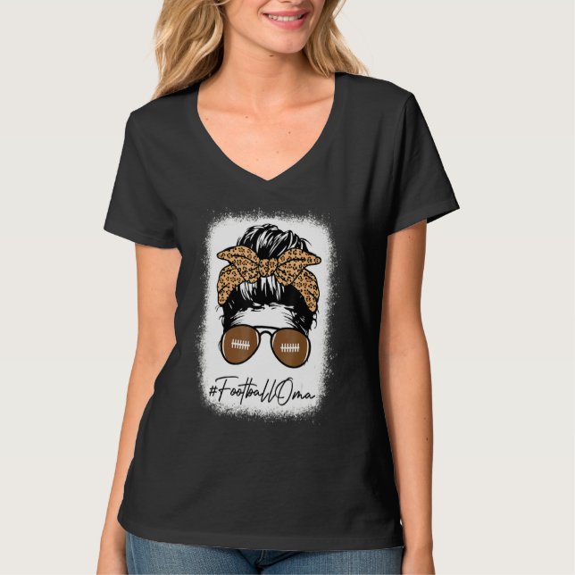 Bleached Football Oma Life With Leopard Messy Bun  T-Shirt (Front)
