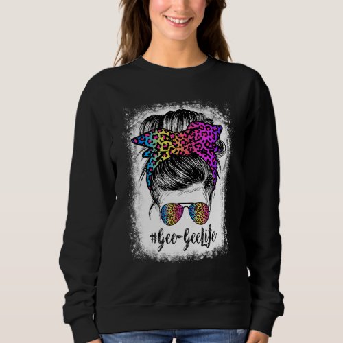 Bleached Gee Gee Life Rainbow Leopard Messy Bun Sweatshirt