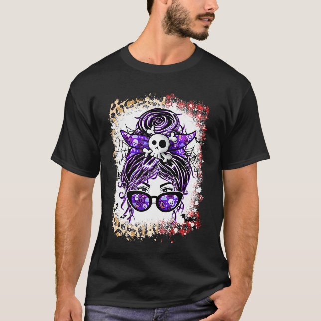 Bleached Halloween Mom Life Messy Bun Scary Spooky T-Shirt (Front)