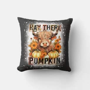 Bleached Hay There Pumkin Highland Cow Fall Autumn Throw Pillow