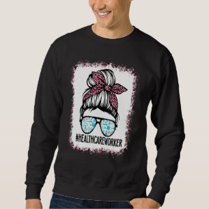 Bleached Healthcare Worker Life Messy Bun Leopard Sweatshirt