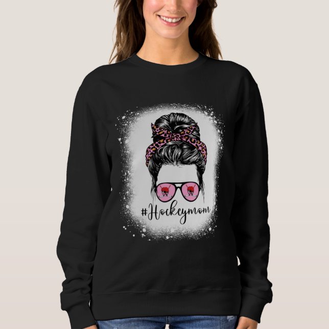 Bleached Leopard Pink Hockey Mom Life Messy Bun Mo Sweatshirt (Front)