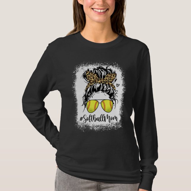 Bleached Leopard Softball Mom Game Day Messy Bun M T-Shirt (Front)