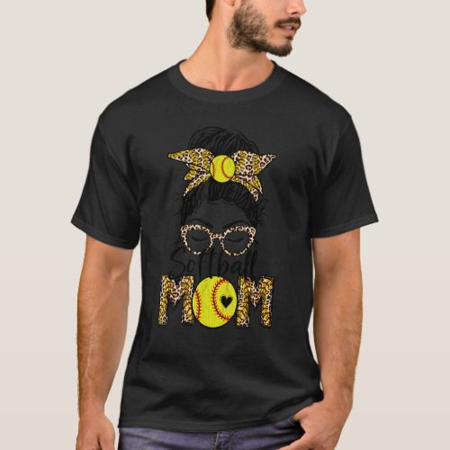 Bleached Leopard Softball Mom Game Day Messy Bun M T_Shirt