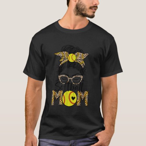 Bleached Leopard Softball Mom Game Day Messy Bun M T_Shirt