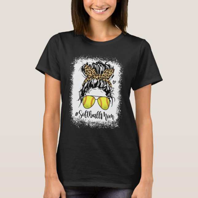 Bleached Leopard Softball Mom Game Day Messy Bun M T-Shirt (Front)