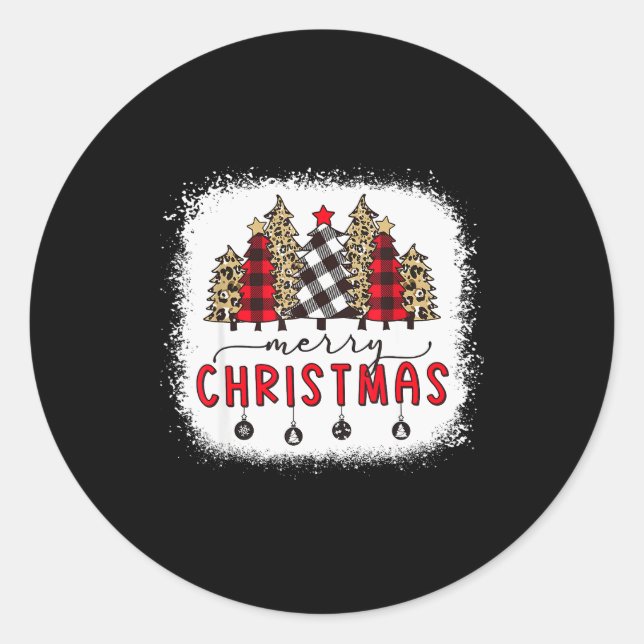 Bleached Merry Christmas Tree Funny Leopard Plaid  Classic Round Sticker (Front)