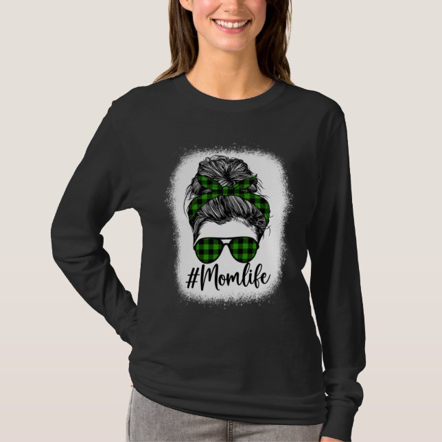 Bleached Messy Bun Mom Life Plaid Green Print Moth T-Shirt (Front)