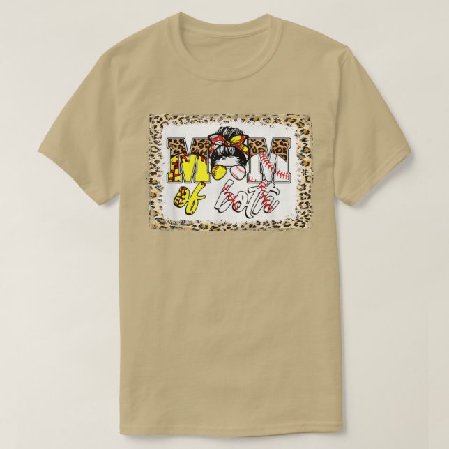 Bleached Messy Bun Mom Of Both Leopard Baseball So T-Shirt (Design Front)