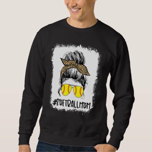 Bleached Mom Life Leopard Messy Bun Softball Game  Sweatshirt