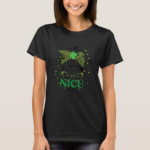 Bleached Nicu Life Messy Bun Leopard St Patricks D T_Shirt