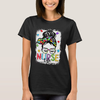 Bleached Nurse Life Messy Bun Leopard Autism T-Shirt