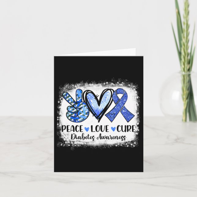 Bleached Peace Love Cure Grey Blue Ribbon Diabetes Card (Front)