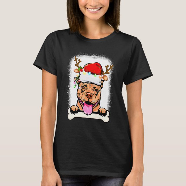 Bleached Pitbull Santa Lights Christmas Dog Reinde T-Shirt (Front)