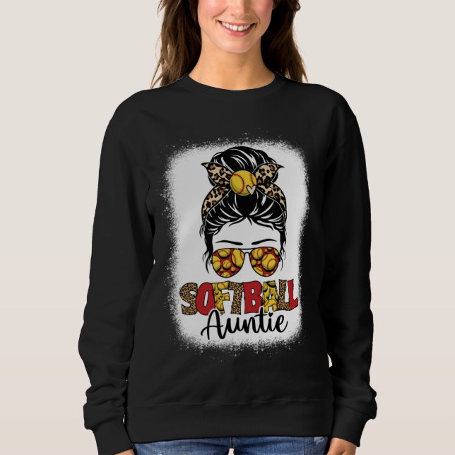 Bleached Softball Auntie Leopard Messy Bun Mothers Sweatshirt (Front)