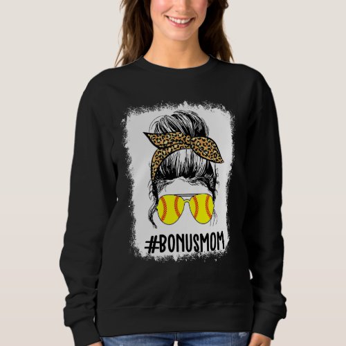 Bleached Softball Bonus Mom Life Leopard Messy Bun Sweatshirt