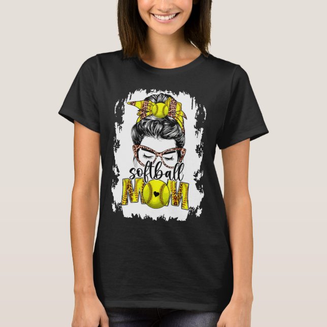 Bleached Softball Mom Game Day Messy Bun Leopard P T-Shirt (Front)