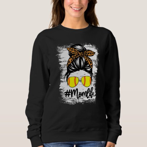 Bleached Softball Mom Life Leopard Messy Bun Game  Sweatshirt