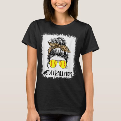 Bleached Softball Mom Life Leopard Messy Bun Game  T_Shirt